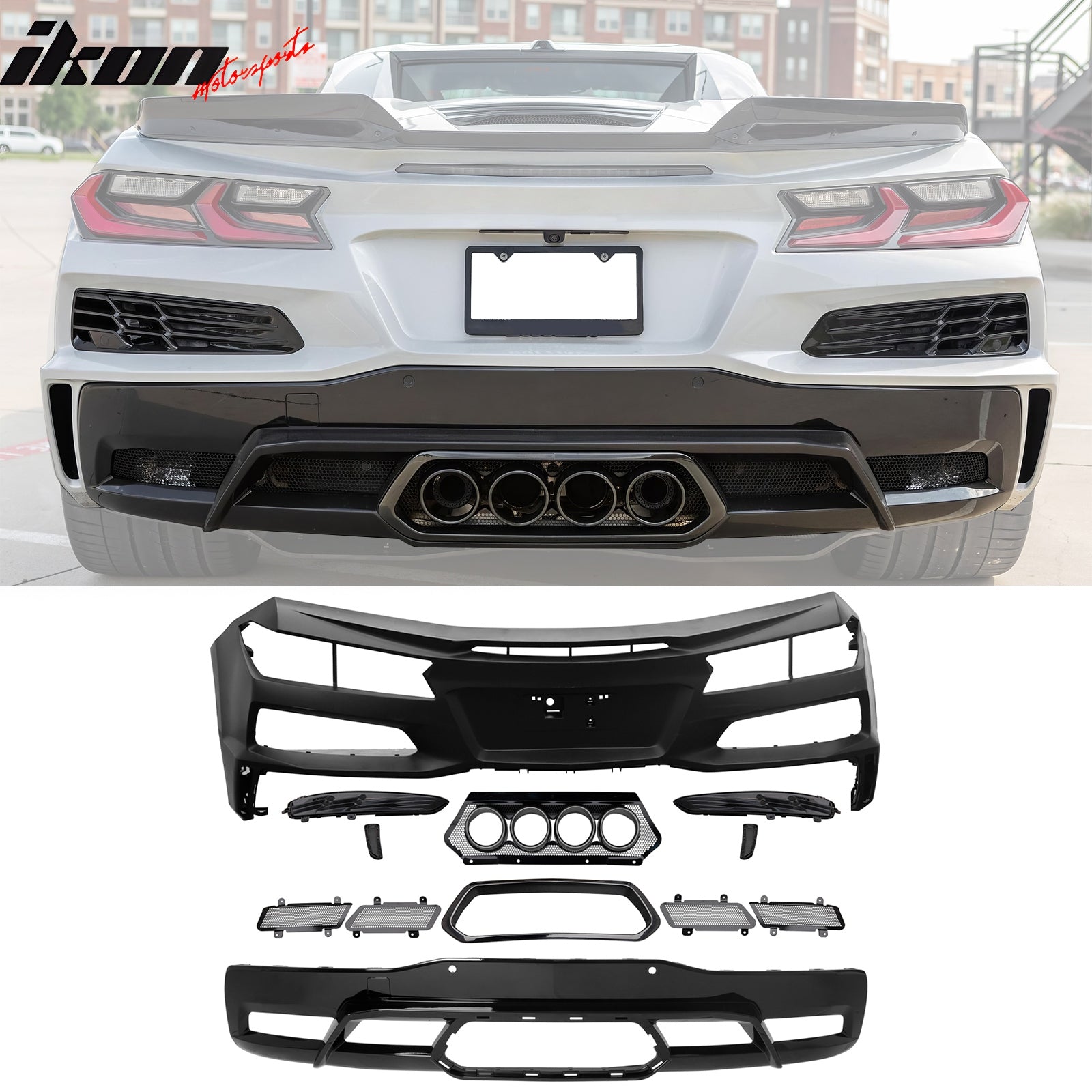 2020-2025 Corvette C8 Front Rear Bumpers Black Exhaust Trunk Spoiler