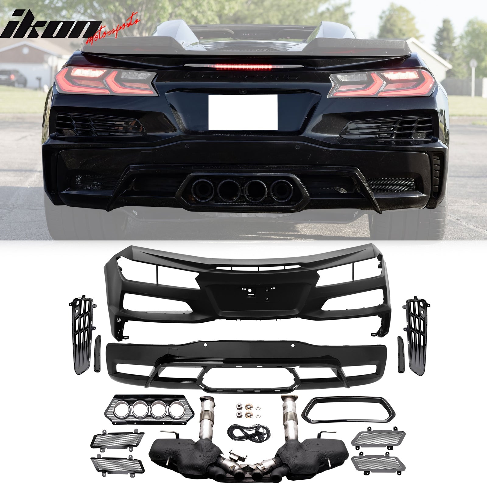 2020-2025 Corvette C8 Front Rear Bumpers Black Exhaust Trunk Spoiler