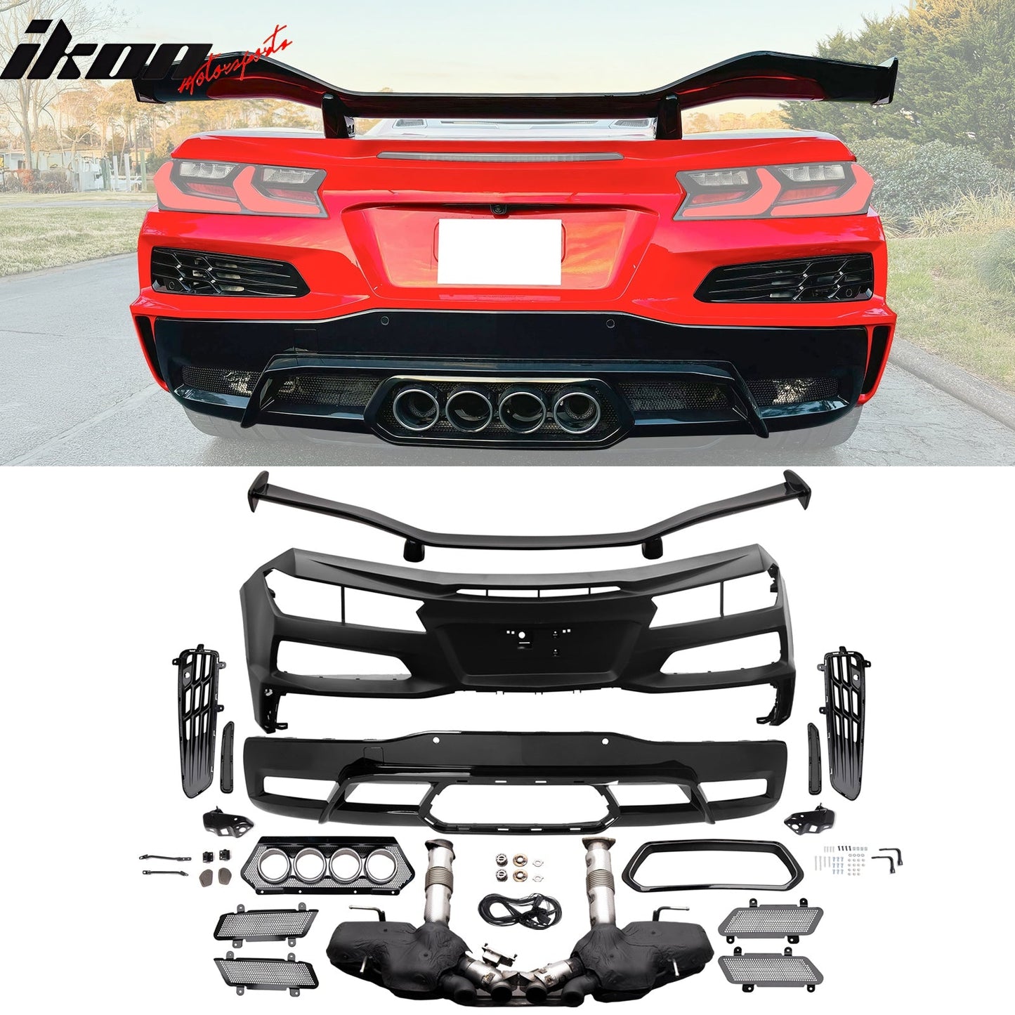 2020-2025 Corvette C8 Front Rear Bumpers Silver Exhaust Trunk Spoiler