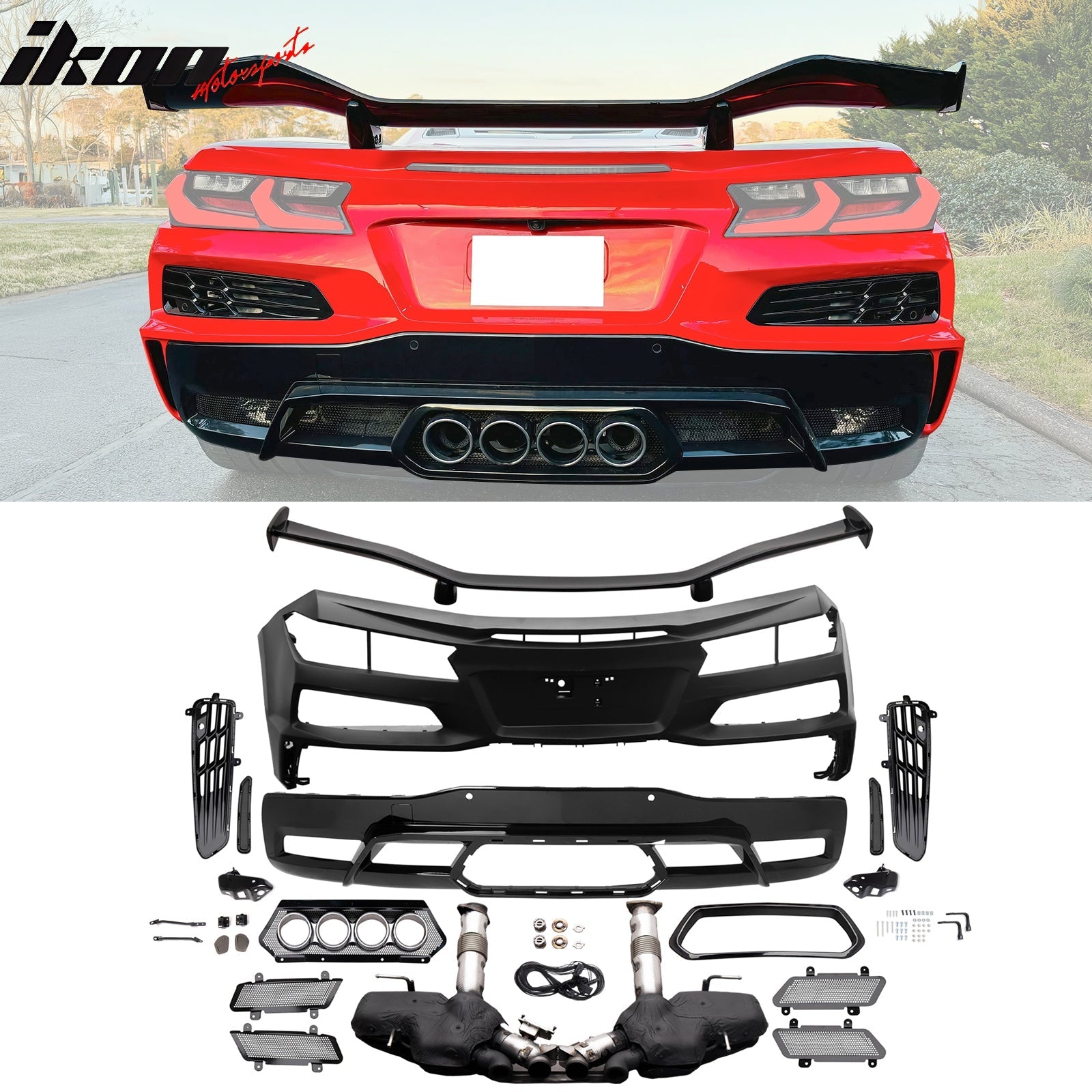 2020-2025 Corvette C8 Front Rear Bumpers Silver Exhaust Trunk Spoiler