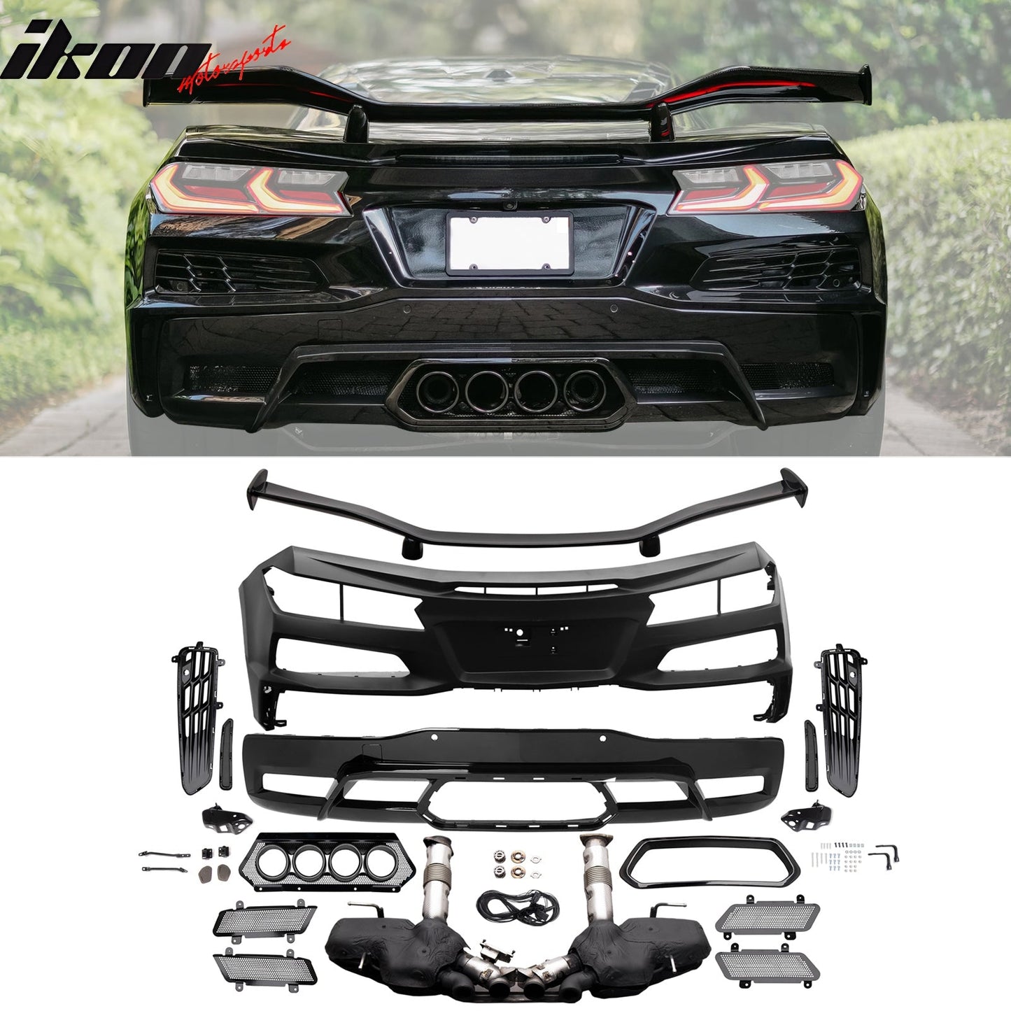 2020-2025 Corvette C8 Front Rear Bumpers Black Exhaust Trunk Spoiler