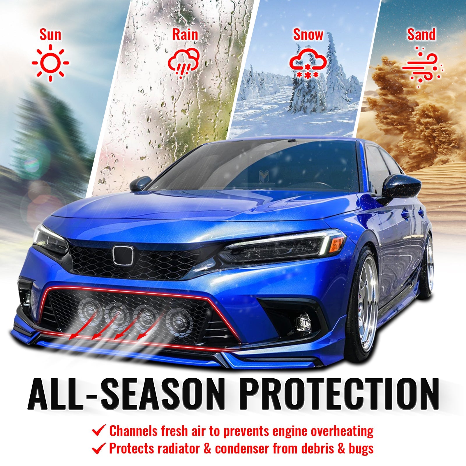 2022-2024 Honda Civic Gloss Black Type R Grille LED Foglight Bezel ABS