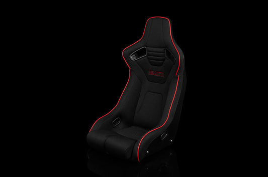 Braum Elite-R Series Fixed Back Bucket Seat - Black Polo Cloth (Red Stitching / Red Piping) Each - Universal